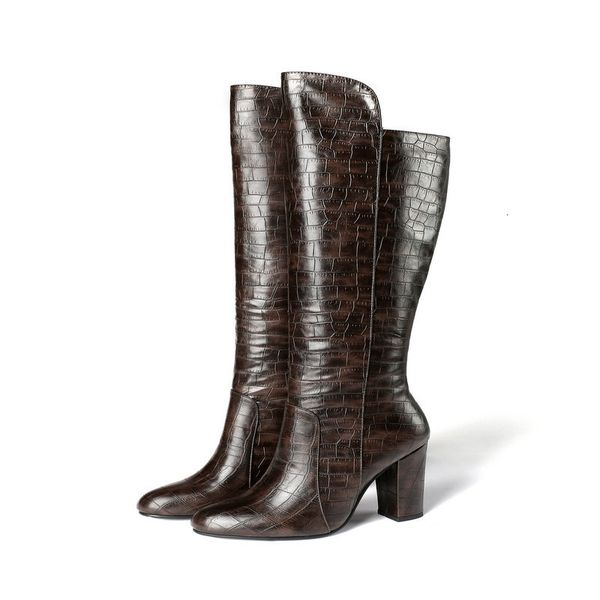 

2021 new knee high autumn winter round toe long boots leather pu square heel women shoes size 34-43 ho0g, Black