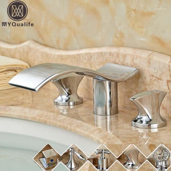 

bathroom sink faucets modern wave shape waterfall bath tub faucet deck mount dual handles basin and cold mixer taps1