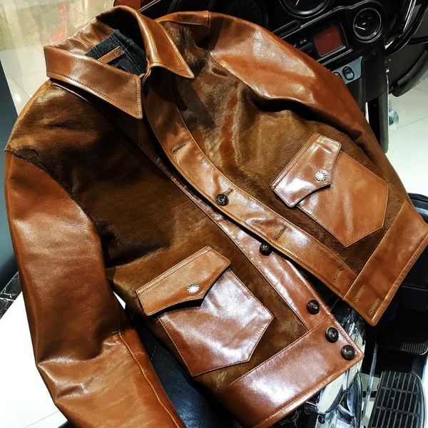 

marvelous creation excelling nature young horse leather and fur in one american retro style leather khaki style jacket, Black