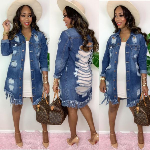 

ripped hole backless denim jacket women casual long jean jackets autumn winter female long sleeve tassel coat streetwear, Black;brown