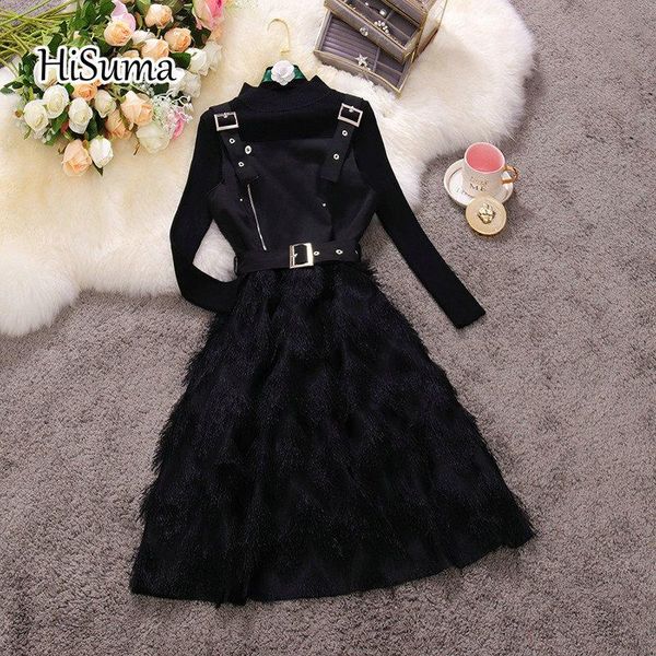 

2021 spring new women half high neck knit shirt sweater + strap tassels waist a-line dress suit female two piece sets, Gray