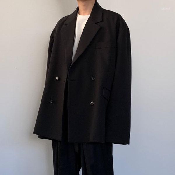 

men double breasted casual loose suit jacket male vintage fashion streetwear hip hop blazer coat outerwear1, White;black