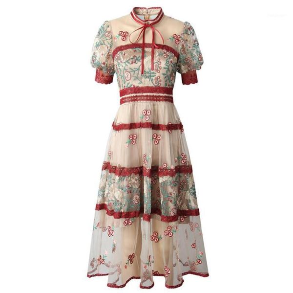 

women summer luxury mesh embroidery lace stitching dress bow stand collar puff sleeve fashion floral elegant party dress r12681, Black;gray