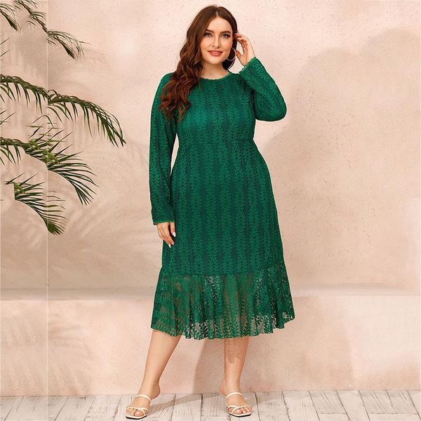 

plus size lace dress women 2020 autumn winter long sleeve party dress green high waist maxi long dresses1, Black;gray