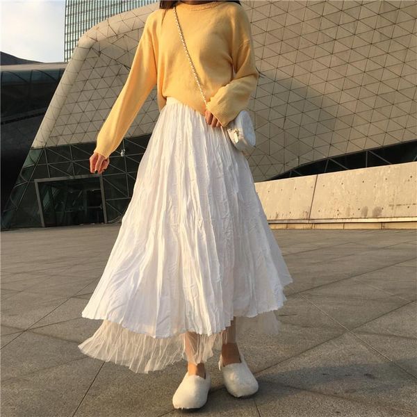 

women casual layered tulle skirts fashion solid high waist pleated ruffle long skirt sweet female ladies clothes bottoms 2021, Black
