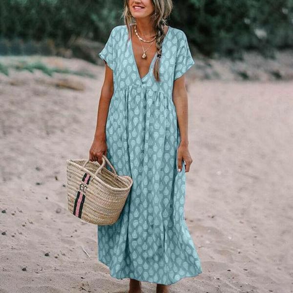 

womens casual boho deep v neck polka dots floral print baggy tunic long pleated dress loose kaftan beach holiday sundress, Black;gray
