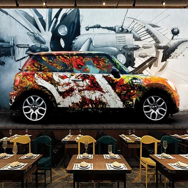 Pano de fundo Poster personalizado Nostalgic Retro Graffiti carro Photo Mural 3D criativo do café Quarto Restaurante Vivendo pintura de parede Wallpaper