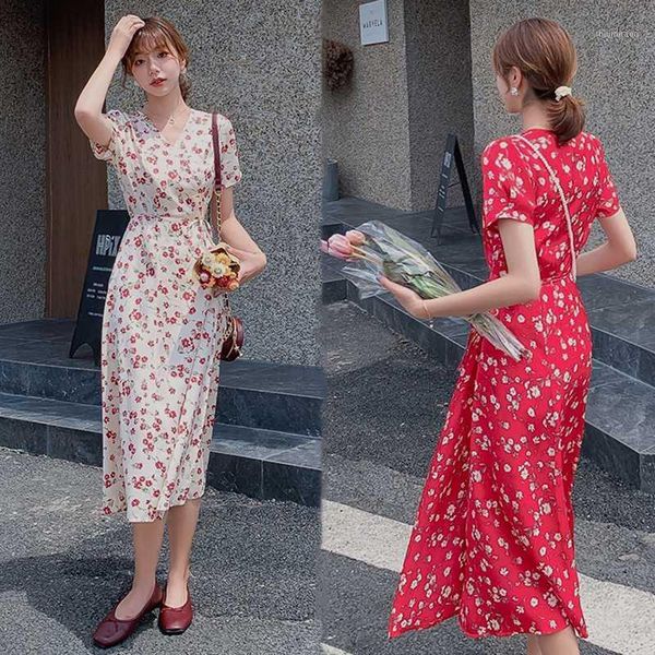 

women long red apricot chiffon floral dress summer 2020 runway elegant vintage party dress korean boho beach vacation dresses1, Black;gray