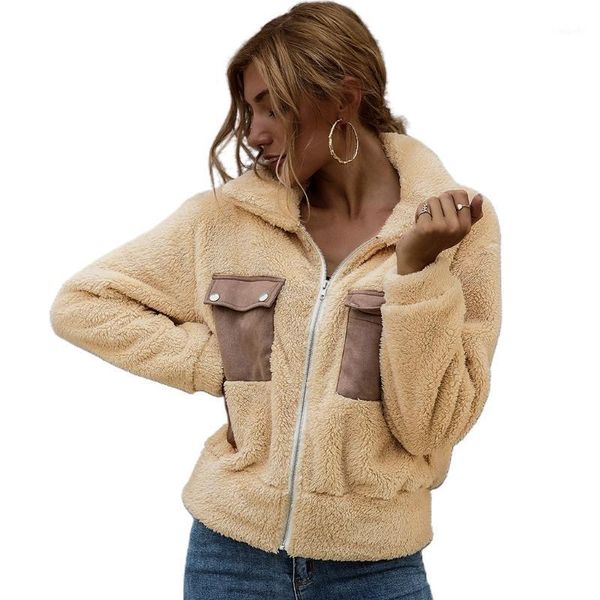 

women winter warm plush coat long sleeve thick zipper jacket lapel outwear 1, Black