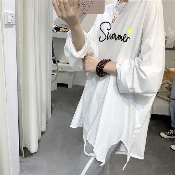 

5azm7 white new sleeve cotton t-shirt 2020 autumn long korean version of hole printed loose medium and long bottomed cotton t-shirt trous