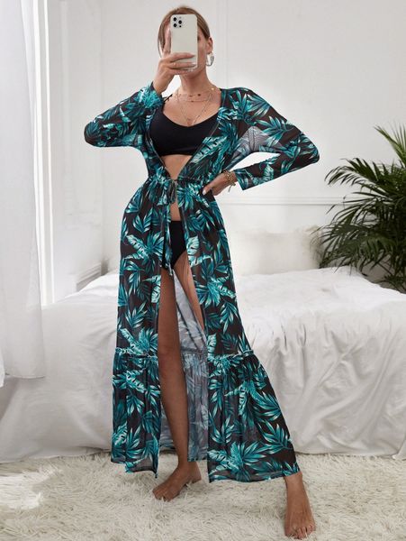 

tropical print drawstring kimono m9lf#, White;black