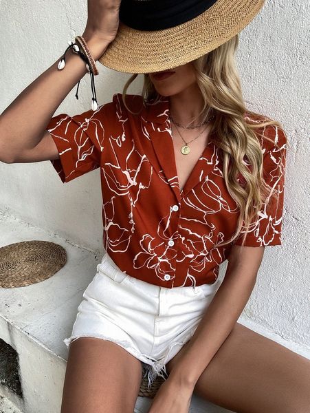 

floral print notched collar blouse d1sj#, White