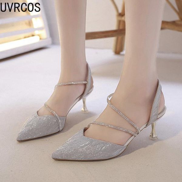 

sandals ladies 4 cm high heels silver women's shoes office work female pump pointed toe 2021, Black