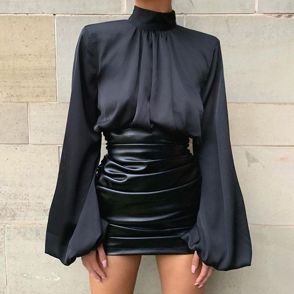 

satin blouse solid stand collar latern long sleeve blouse 2021 autumn elegant white shirts fashion streetwear cropped