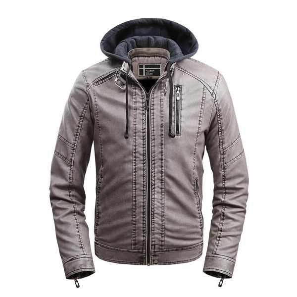 

new autumn men jacket fashion hat detachable plus velvet warm mens leather jacket casual simple long-sleeved jaket men, Black