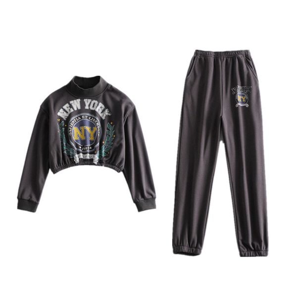 

sports za loose family leisure suit print pullover round collar grey sweater high waist corset casual pants for women, Gray