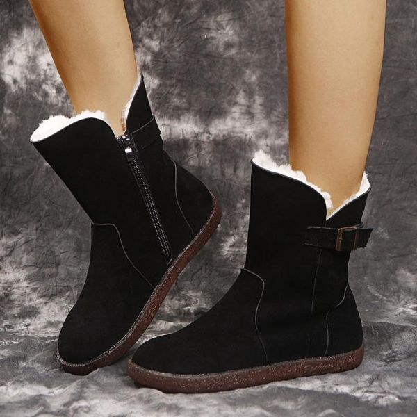 

brand new big size 43 flat with comfortable keep warm plush snow boots stylish winter shoes boots women, Black