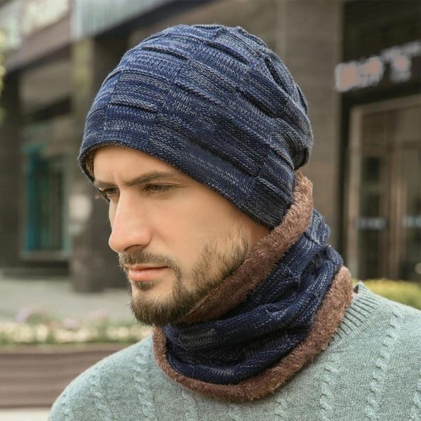 

hats, scarves & gloves sets 2pcs/set men winter knitted soft plush lining beanie hat cap scarf neck warmer hats for women set, Blue;gray