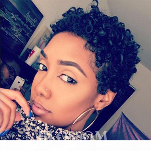 

черные волосы short cut kinky завитые парик бразильский человеческих волос полный парики боб кудрявые без парики шнурка с челками для чернок, Black;brown