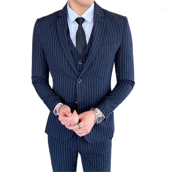 

large size mens striped 3-piece sets ( jacket + pants + vest ) black blue gray male suit blazer coat with trousers and waistcoat1, White;black