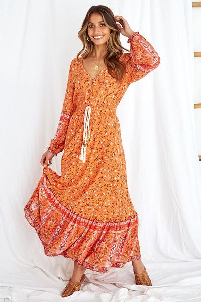 

happie queens women orange floral print elestic waist beach bohemian maxi dress ladies rayon cotton ethnic boho dress vestidos, Black;gray