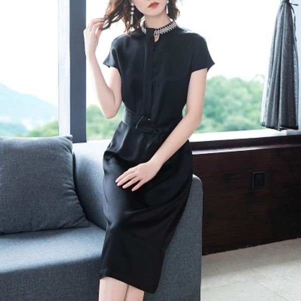 

kibty 2020 spring and summer black french waist-tight slimming satin dress eke8y new short sleeve triacetate dress high-end, Black;gray