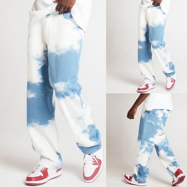 

2020 men casual pants loose straight denim pants sky blue long trouser straight jeans print button full length high tie dye