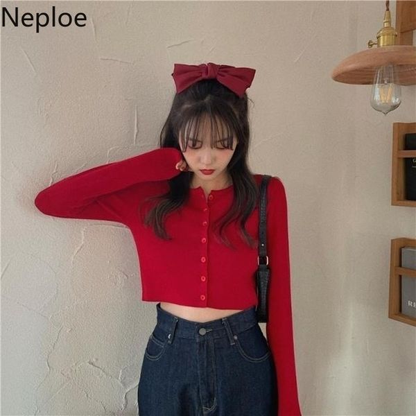 

neploe knitted t shirts women solid single breasted o neck female summer casual long sleeve ladies short tees 1c960 201028, White