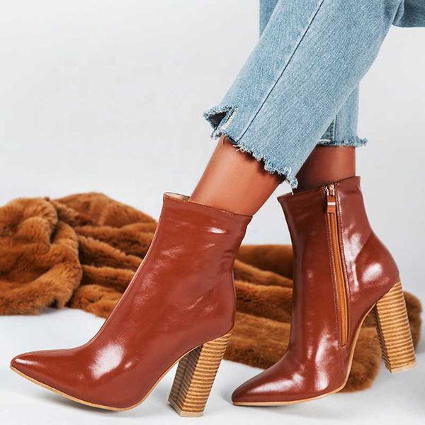 

solid pu upper side zipper pointed toe chunky heel women ankle boots fashion simple design short booties for ladies, Black