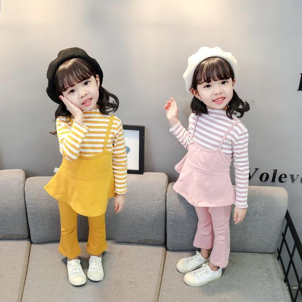 

girls baby sweet new style autumn clothing children stripes long sleeve base shirt slim fit joint strapped dress pants two-piece, White