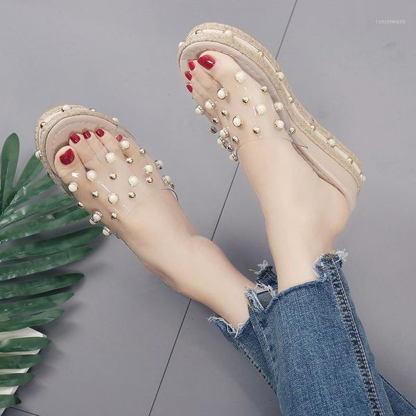 Chinelos 2021 mulher Peep Toe Strass Strass Sapatos Senhoras Plataforma Transparente Cunhas Femininas Praia Casual Verão Calçado1