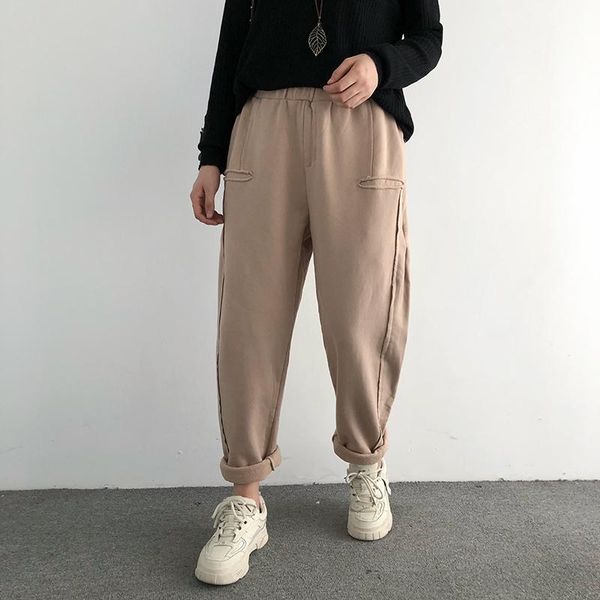 

fleece women pants 2021 autumn winter new loose casual solid color elastic waist cotton fashion harem warm women trousers, Black;white