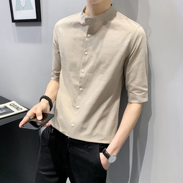 

vredq summer men's korean cotton hemp color new youth trend solid 2020 stand collar cotton and linen sleev shirtslim fitting five point, Blue