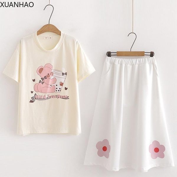 

women set and skirt short sleeve cartoon bear cotton t shirt and floral print hight waist a-line skirt summer two piece set1, White