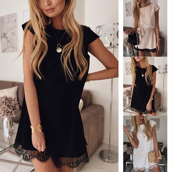 

2021 new elegant ladies casual dress fashion lace short sleeved dress three color optional large size drop shipping, Black;gray
