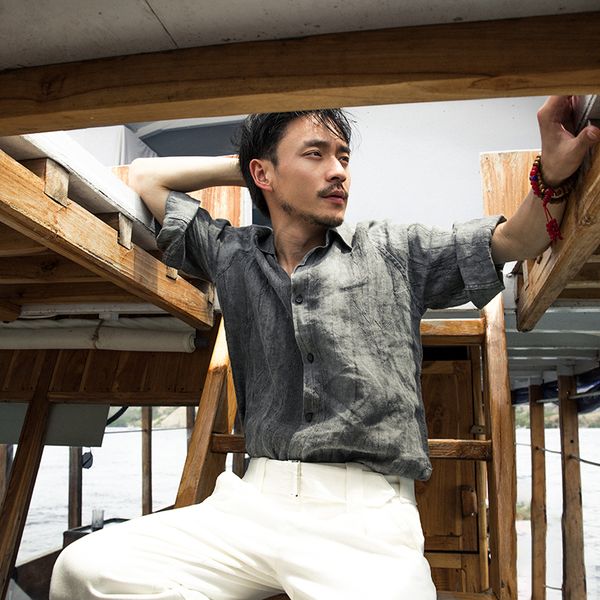 

soarin independent linen seven point men's ancient british casual half sleeve ruffian shirt thin