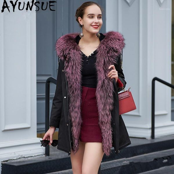 

ayunsue real fur coat female natural fur liner parka winter jacket women collar long jackets warm overcoat my40261, Black
