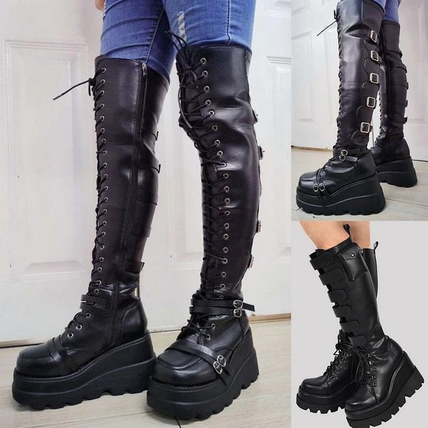 

new winter boots women over knee high long boots leather fashion lace-up snow non-slip black shoes woman