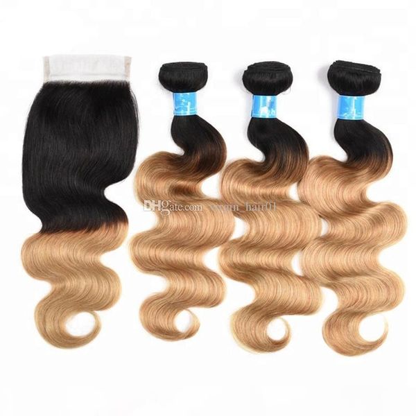 

two tone 1b 27 blonde ombre lace closure with bundles human hair virgin malaysian hair extensions with lace closure 4pcs lot, Black;brown