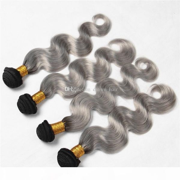 

sliver grey two tone hair bundles #1b grey ombre brazilian human hair weaves 4 pcs lot body wave hair extensions price, Black