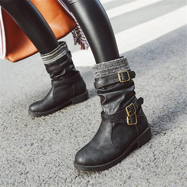 

boots pxelena slouch slip on buckle shoes women western punk rock gothic low heels female daily ankle plus size1, Black