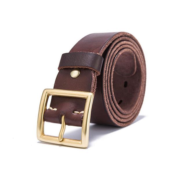 

aetoo square pure copper button jeans belt, men's leather casual belt, men's leather retro pin buckle belt, Black;brown