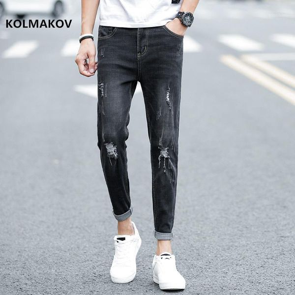 

2020 new arrival spring holes casual elestic ankle-length jeans men,cotton skinny jeans , pencil pants men blue, black, gray1