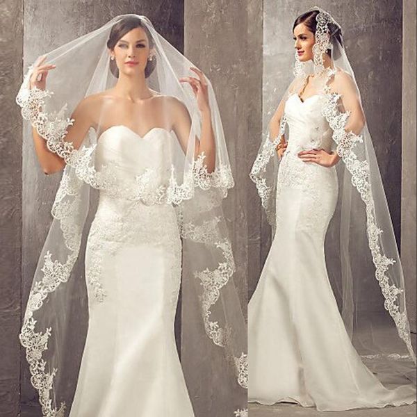 

white ivory real image 3 meters bridal veils wedding hair accessories long lace appliques tulle cathedral length church veil, Black