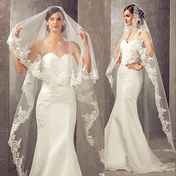 Imagem real de marfim branco 3 metros véus de noiva acessórios de cabelo de casamento LONG LACE apliques tulle catedral comprimento igreja véu