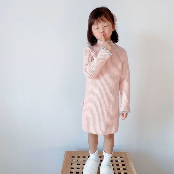 

winter 2020 autumn korean children's clothing woolen drs and thread garment thickened high collar girls' long sweater, Blue