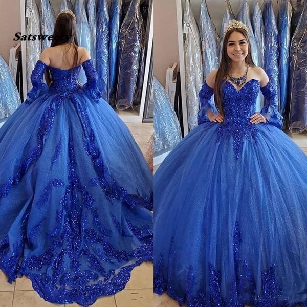 Prinzessin arabisches Königsblau Quinceanera-Kleider 2021 Spitze Applikation Perlen Schatz-Abschlussball-Kleider Schnür-Bonbon-16-Partykleid