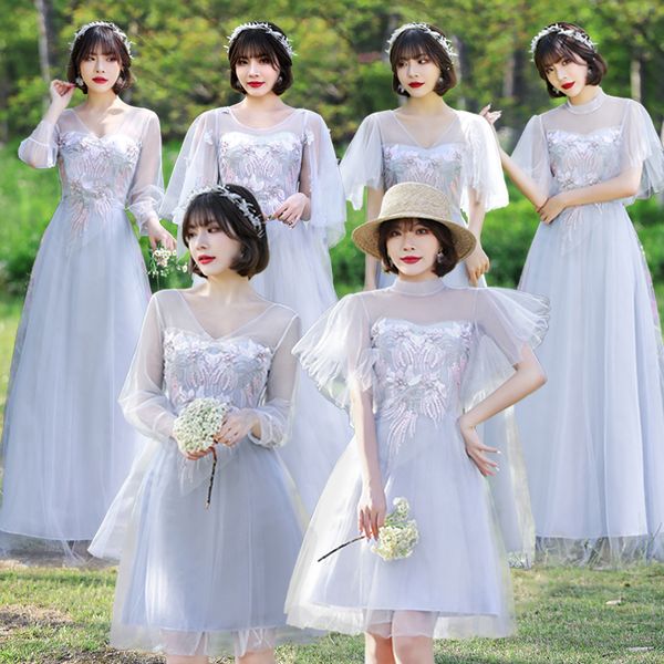 

Summer Elegant Embroidery Flowers Net Yarn Ankle-length Simple Pink Champange Bean Paste Sweet Party Bridesmaid Dresses 9739, Gray b1