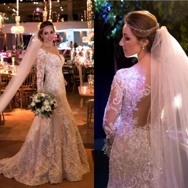 

2021 new dressed as a elegant bride mermaid dress applique sleeve lace sheer wedding gown v939, White