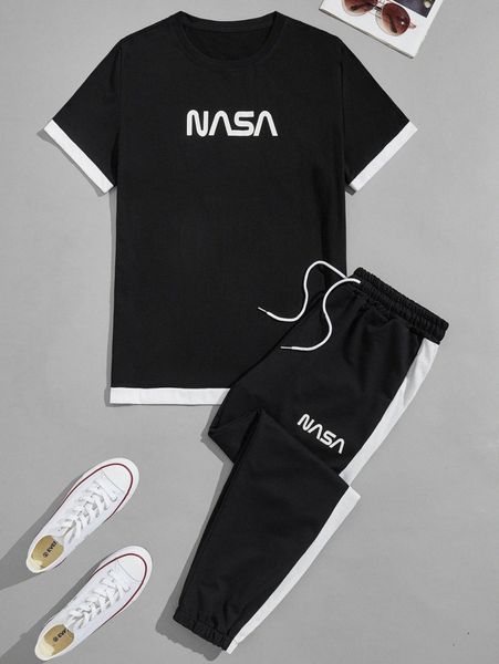 

men letter graphic tee & side stripe sweatpants 46k9#, Gray